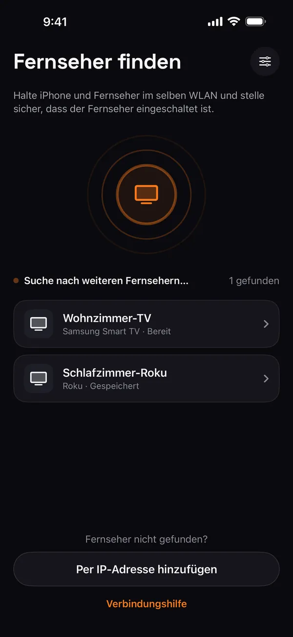Remo-Ansicht „Fernseher finden“ mit einem Samsung-TV im Wohnzimmer und einem Roku im Schlafzimmer