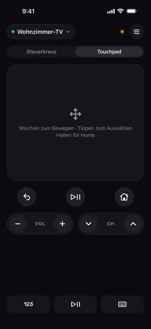 Remo-Touchpad mit dem Hinweis Wischen zum Bewegen, Tippen zum Auswählen, Halten für Home