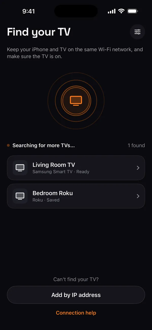 Remo Find your TV screen listing a Samsung Living Room TV and a Bedroom Roku