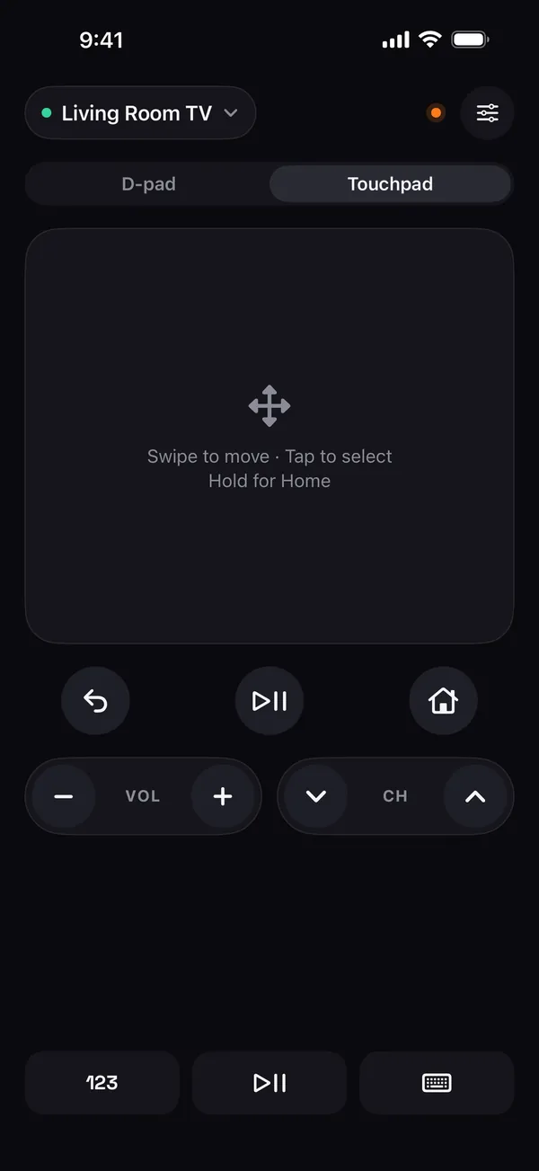 Remo touchpad screen with the hint Swipe to move, Tap to select, Hold for Home