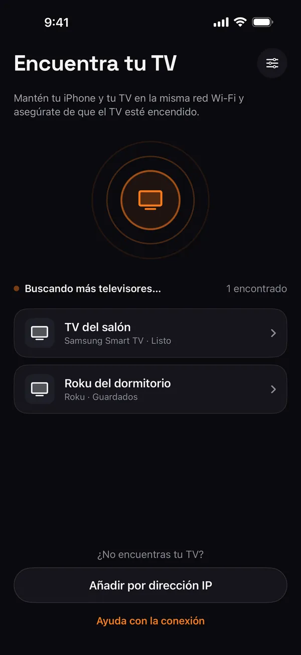 Pantalla de búsqueda de televisores de Remo con una Samsung del salón y un Roku del dormitorio