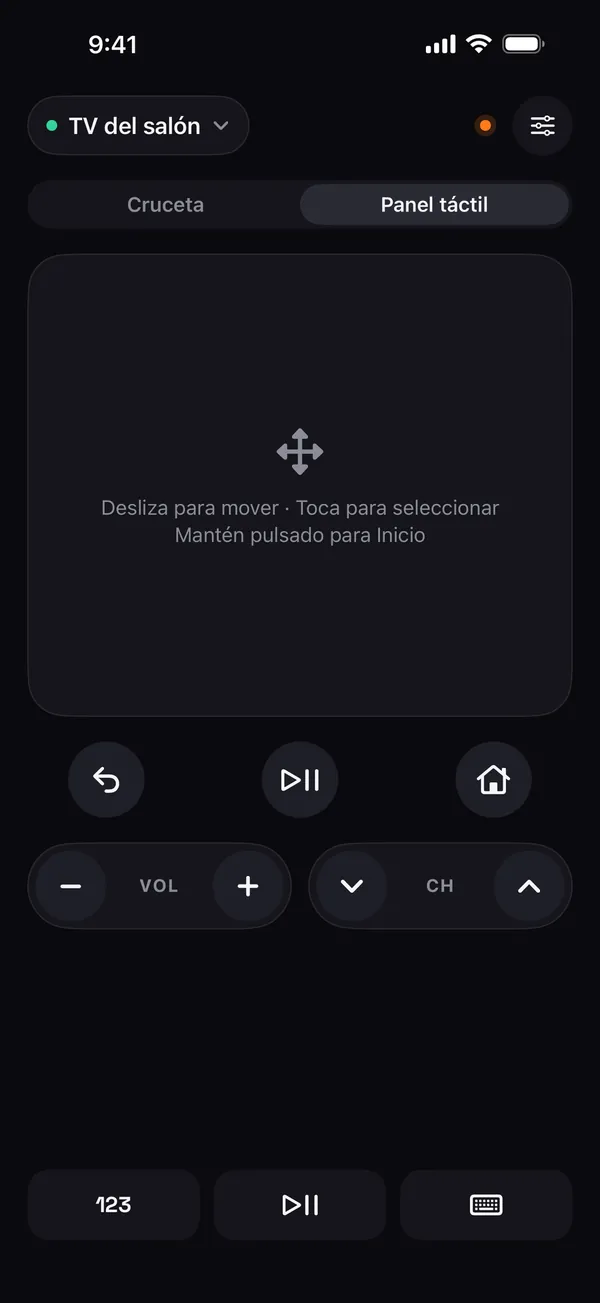 Pantalla del touchpad de Remo con la indicación Desliza para moverte, Toca para seleccionar, Mantén pulsado para Inicio