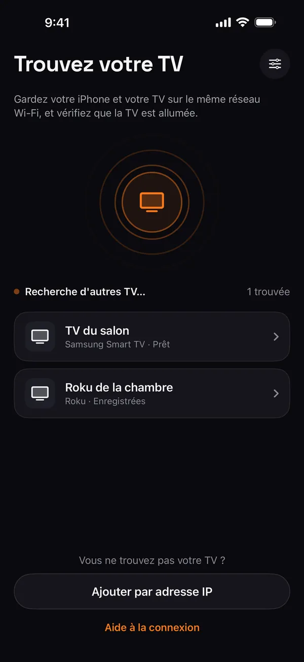 Écran Remo « Trouvez votre TV » listant une TV Samsung au salon et un Roku dans la chambre