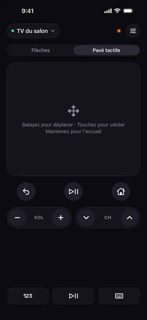 Pavé tactile Remo avec l'indication Glissez pour naviguer, Touchez pour valider, Maintenez pour l'accueil