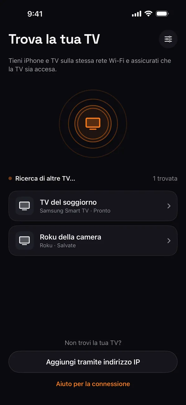 Schermata Trova la tua TV di Remo con una TV Samsung del soggiorno e un Roku della camera