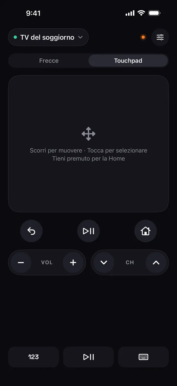 Schermata touchpad di Remo con il suggerimento Scorri per spostarti, Tocca per selezionare, Tieni premuto per Home