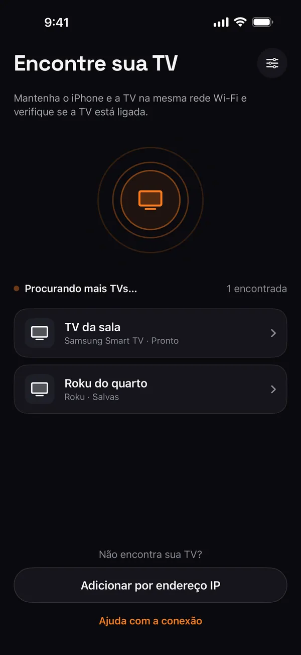 Tela de busca de TVs do Remo listando uma TV Samsung da sala e um Roku do quarto