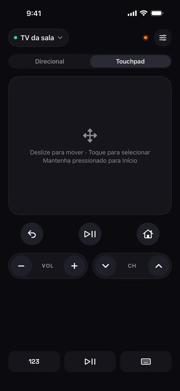 Tela do touchpad do Remo com a dica Deslize para mover, Toque para selecionar, Segure para Início