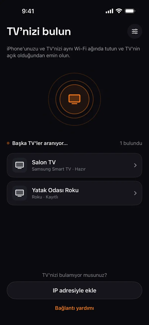 Samsung Salon TV'sini ve Yatak Odası Roku'sunu listeleyen Remo “TV'nizi bulun” ekranı