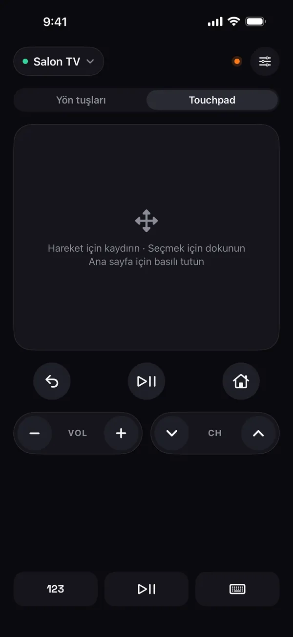 Kaydırarak gezinin, dokunarak seçin, ana sayfa için basılı tutun ipucunu gösteren Remo touchpad ekranı