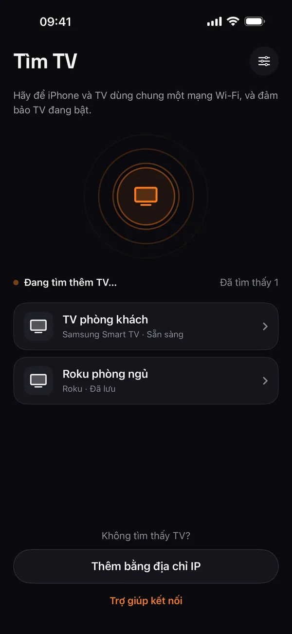 Màn hình Tìm TV của Remo liệt kê TV Samsung ở Phòng khách và Roku ở Phòng ngủ