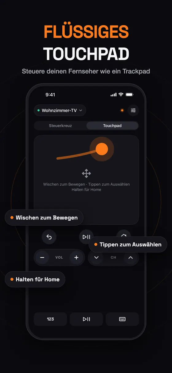 Flüssiges Remo-Touchpad: wischen zum Bewegen, tippen zum Auswählen, halten für Home