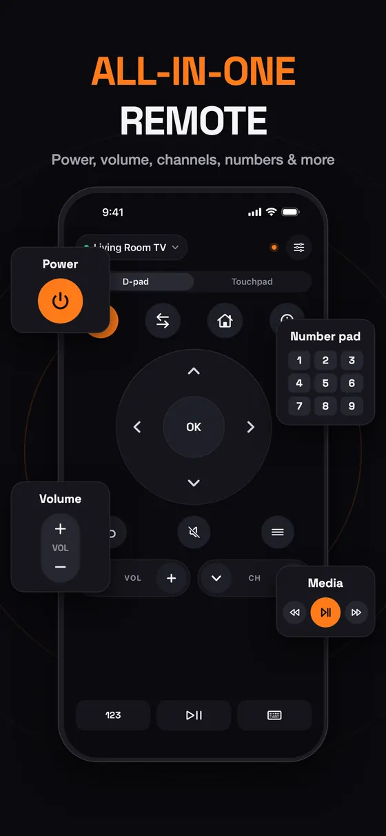 Remo all-in-one remote with power, volume, number pad and media controls