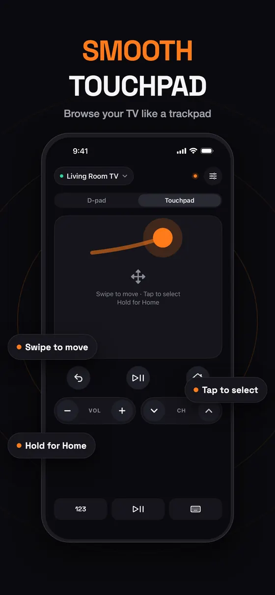 Remo smooth touchpad: swipe to move, tap to select, hold for Home