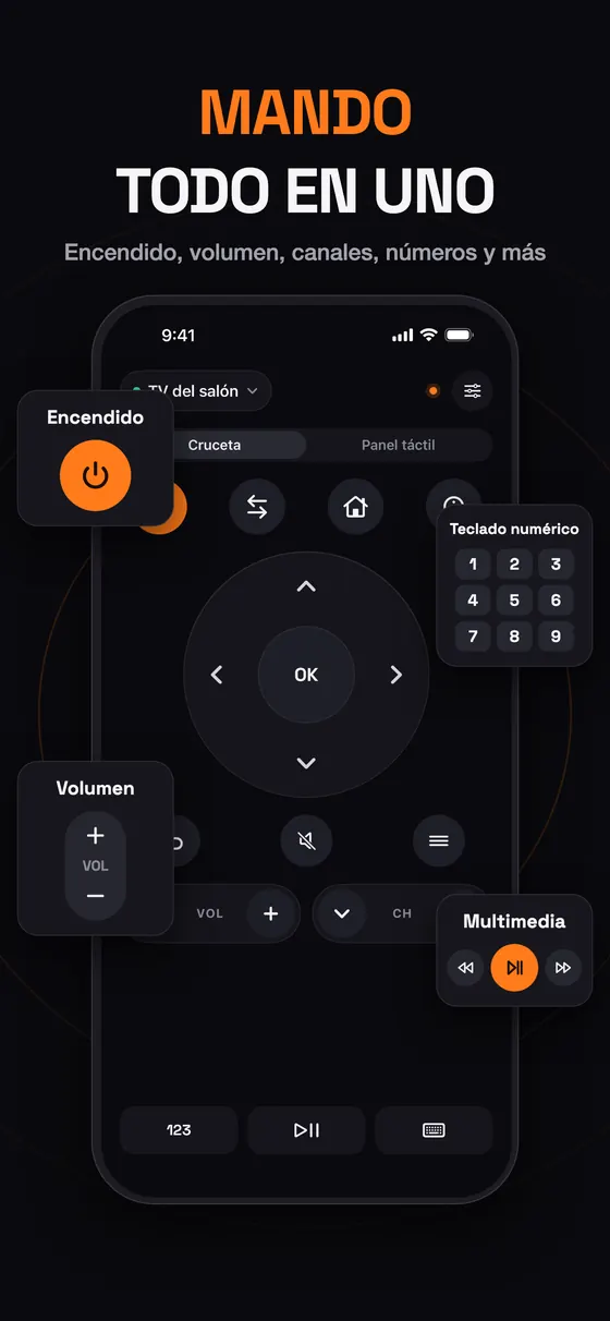 Mando todo en uno de Remo con encendido, volumen, teclado numérico y controles multimedia