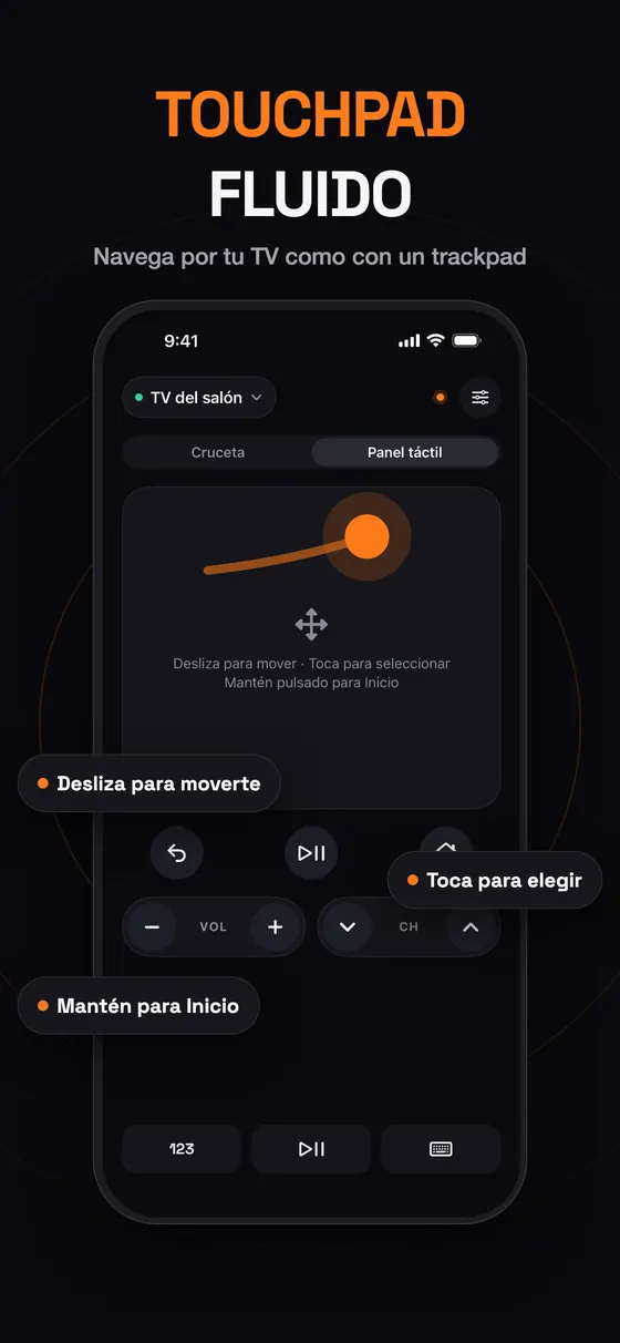 Touchpad fluido de Remo: desliza para moverte, toca para seleccionar, mantén pulsado para Inicio