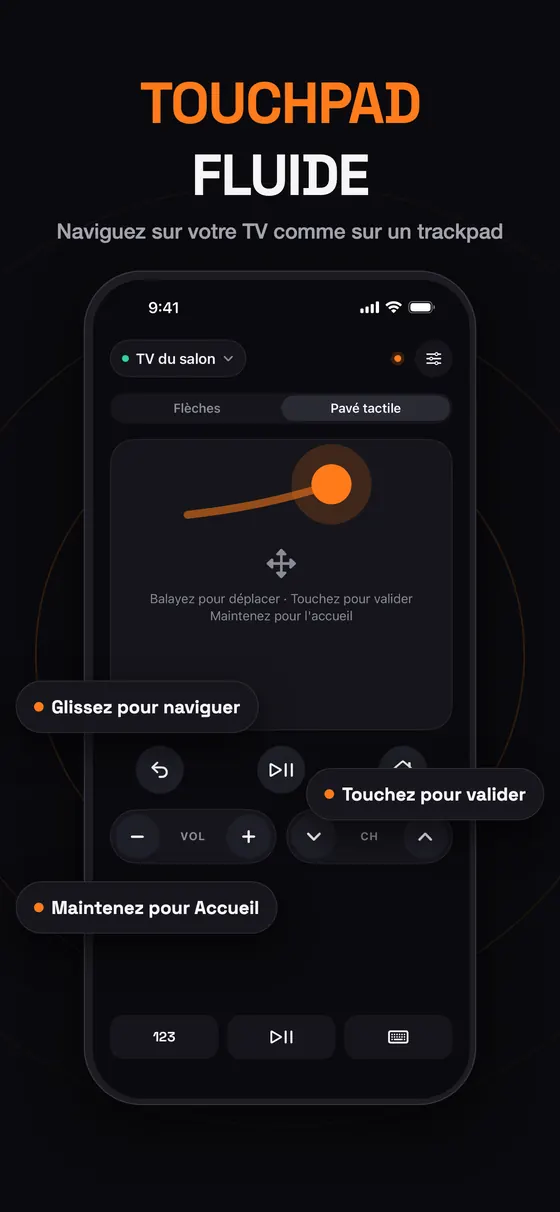 Pavé tactile fluide de Remo : glissez pour naviguer, touchez pour valider, maintenez pour l'accueil