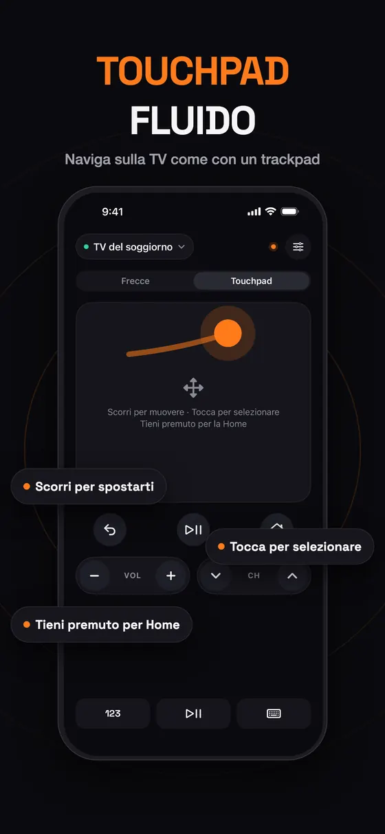 Touchpad fluido di Remo: scorri per spostarti, tocca per selezionare, tieni premuto per Home