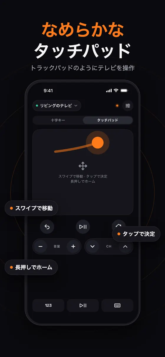Remoのなめらかなタッチパッド：スワイプで移動、タップで決定、長押しでホーム