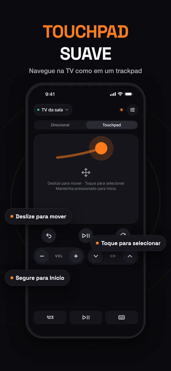 Touchpad suave do Remo: deslize para mover, toque para selecionar, segure para Início
