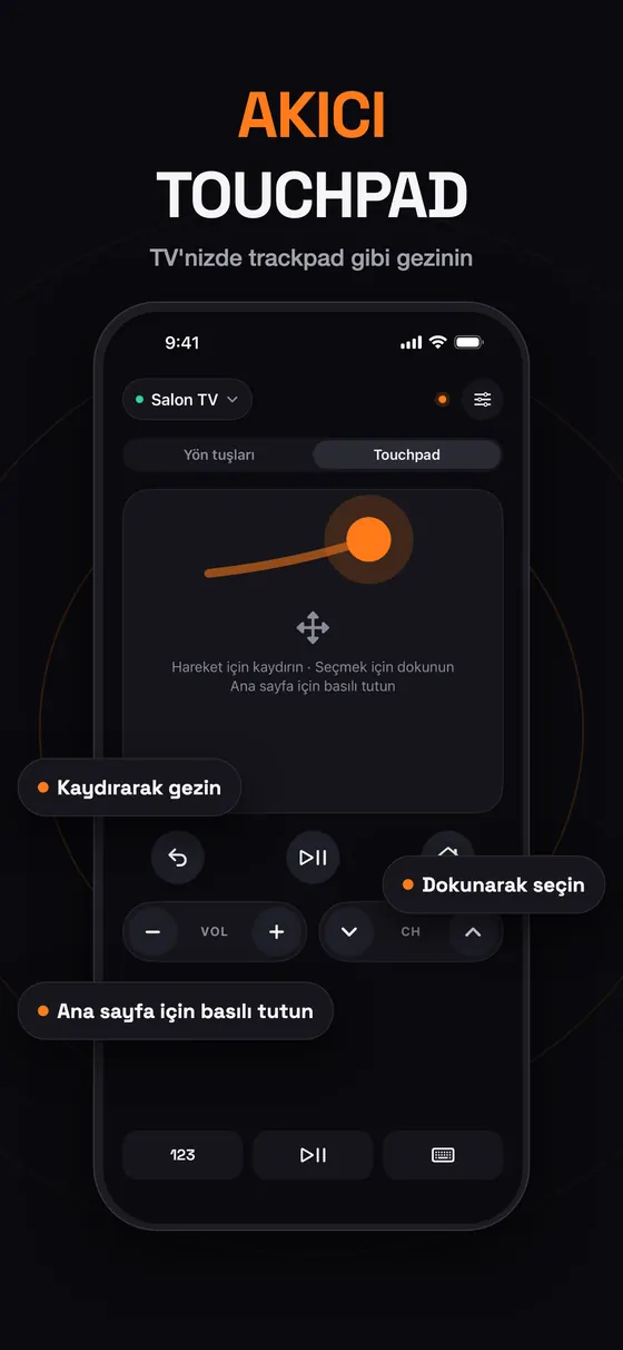 Remo akıcı touchpad: kaydırarak gezinin, dokunarak seçin, ana sayfa için basılı tutun