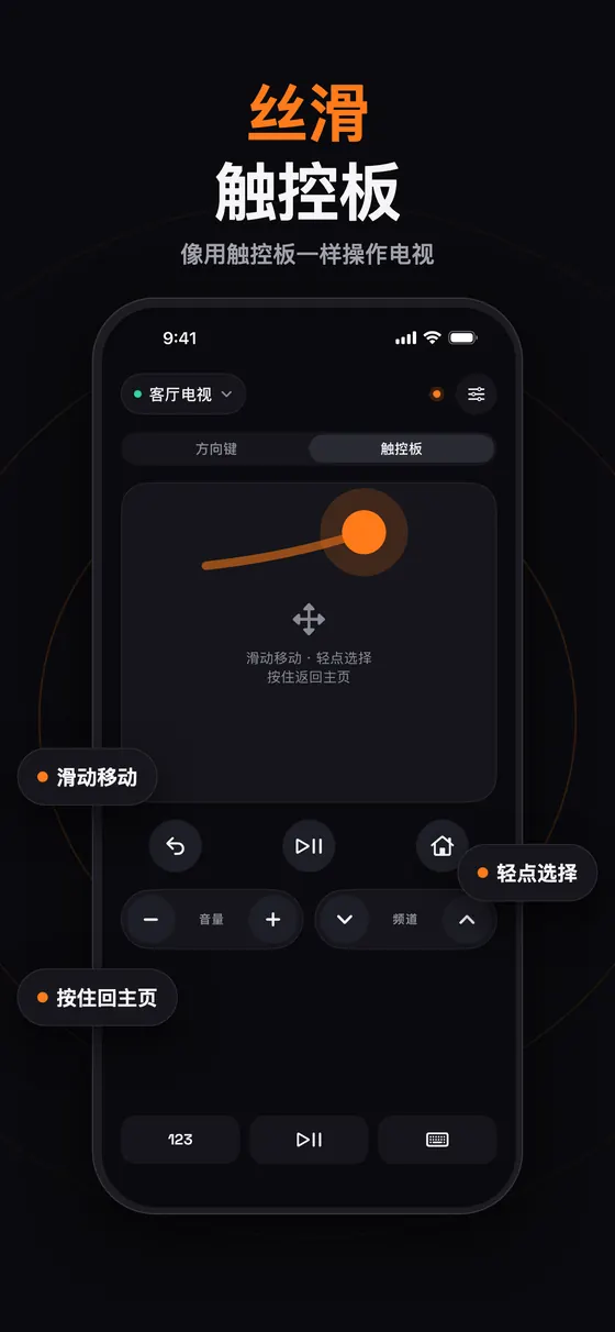 Remo 丝滑触控板：滑动移动，轻点选择，按住返回主页